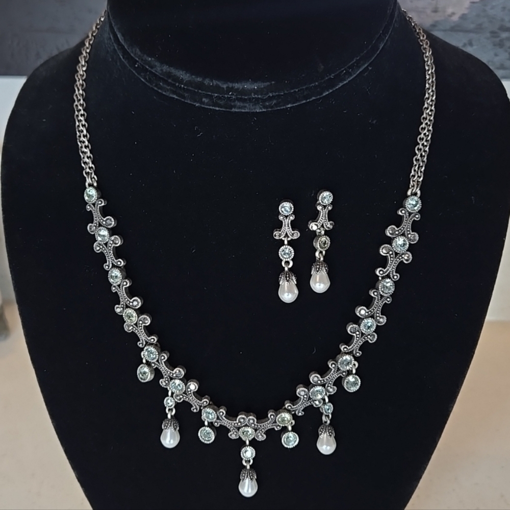 Vintage Blue Rhinestone & Faux Pearl & Faux Marcasite Necklace & Earrings Set